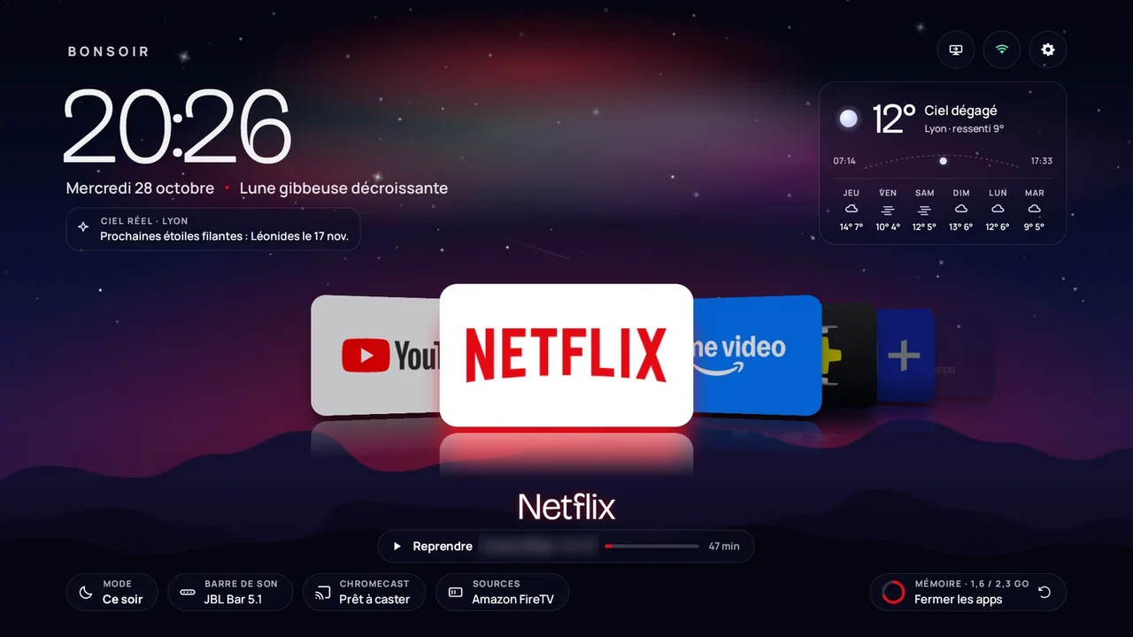 The OwnYourTV home screen with Netflix selected and a red aurora